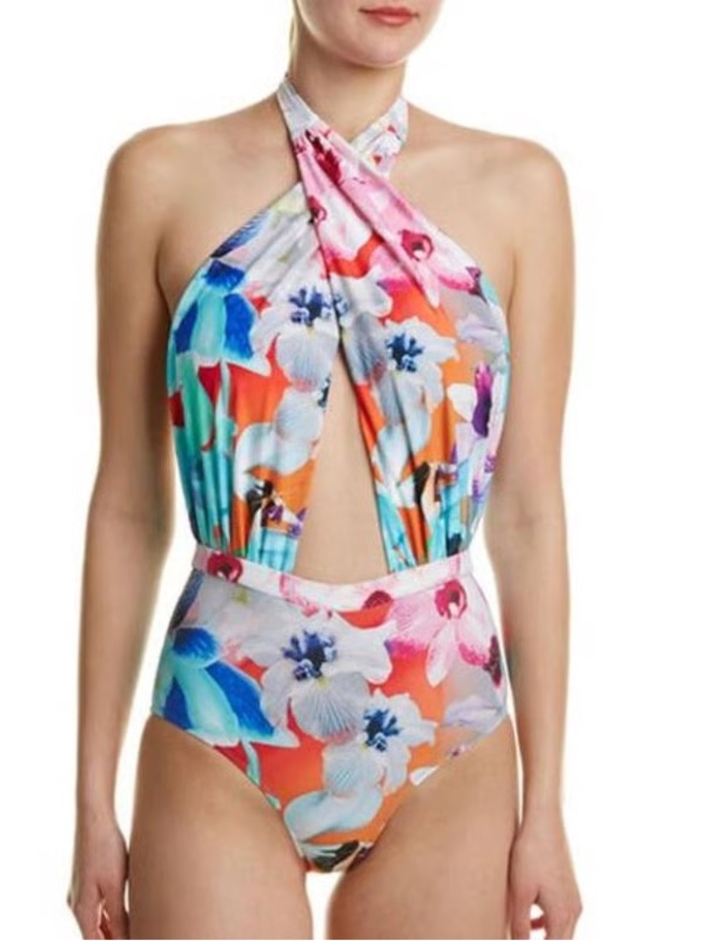6 Shore Road Floral Halter One-Piece Swimsuit in Orange, Blue, Pink